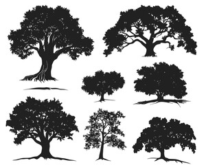 Wall Mural - set of silhouette clipart of a large oak tree, Big collection of tree silhouettes isolated