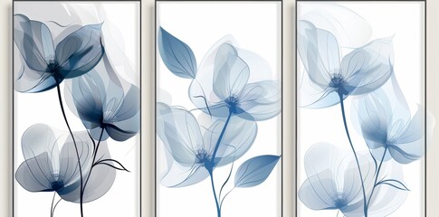 Wall Mural - This set of decorative abstract canvases features floral designs in dark blue.