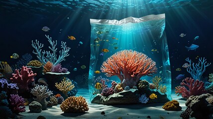 Wall Mural - coral plastic bags underwater dangerous environment, Ocean Conservation, Underwater Exploration, Garbage made by humans.