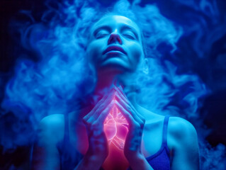 Canvas Print - A woman is holding a heart in her hands, surrounded by smoke. Concept of spirituality and connection to the divine