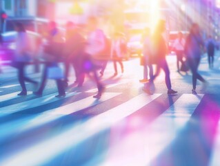 Canvas Print - A group of people walking across a street in the city. AI.