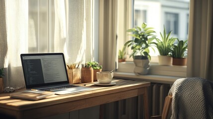 Wall Mural - A cozy home office setup in a small room with a wooden desk, a sleek laptop, a cup of coffee, and a few potted plants on the windowsill, natural light streaming in