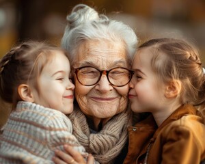 Canvas Print - An older woman is hugging two little girls. AI.