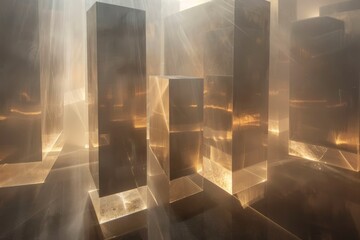 Wall Mural - Transparent glass cubes arranged in a room, creating a modern and geometric display, Luminous shapes hovering in a void