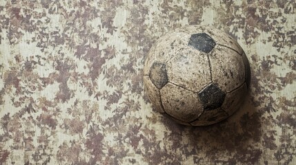 A weathered soccer ball rests on a textured grunge background, symbolizing resilience,  time,  sport,  passion,  and nostalgia.