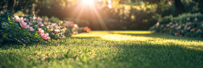 Parks-themed banner with scenic garden view, blooming flowers, soft sunlight, ample space for text at the bottom