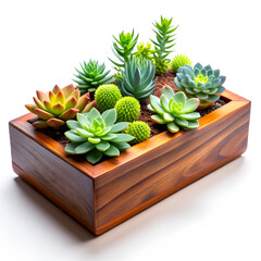 succulents in rectangular wooden pot isolated on white