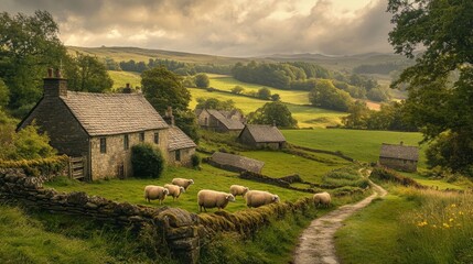 a charming stone cottage nestled among rolling green hills, with sheep grazing peacefully in a pictu
