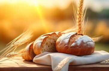 A close up of freshly baked bread and wheat ears on an old cloth