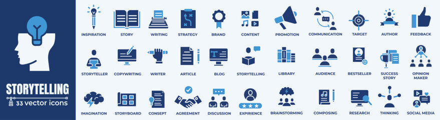 storytelling and copywriting related icons: thin vector icon set, black and white kit