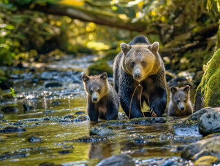 A mother bear and her two cubs are walking through a stream. The scene is peaceful and serene, with the water reflecting the sunlight and the trees providing a natural backdrop