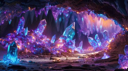 Neon Geode Caverns: Caverns filled with neon-colored geodes, glowing from within to create an otherworldly atmosphere.