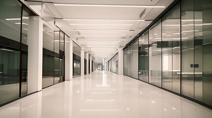 Wall Mural - Modern office building with a large wide corridor and glass partitions inside 4k animation