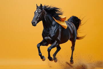 Naklejka na meble Dynamic Black Horse Leaping with yellow Cape at yellow background