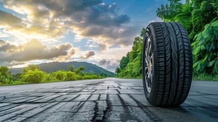 Wall Mural - Tire on Road with Green Landscape