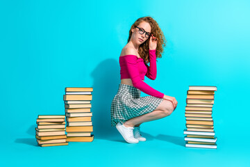 Sticker - Full body portrait of nice young girl pile stack book wear top isolated on turquoise color background