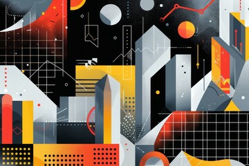 Sticker - A painting showcasing a bustling city with a multitude of buildings and skyscrapers, Merge financial data with geometric shapes to craft a visually stunning backdrop