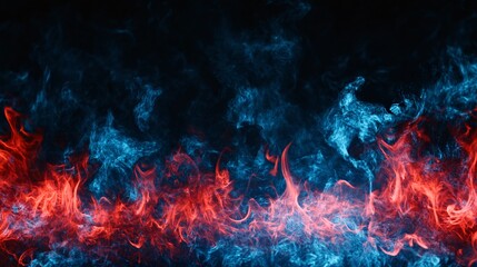 Wall Mural - red and blue flames on a black background, with a smoke, smoke flame texture, red and dark blue, res