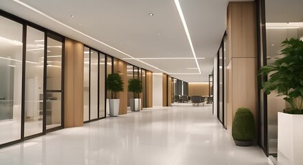 Wall Mural - Modern office building with a large wide corridor and glass partitions inside 4k animation