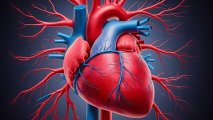 A detailed anatomical representation of a human heart. The heart is depicted in vibrant shades of red and blue, with intricate details of its chambers, valves, and major blood vessels.