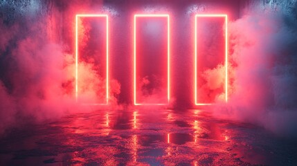 Wall Mural - three neon-glowing rectangular frames, red and pink, smoke, wet, floor, cinematic