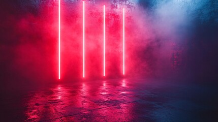 Wall Mural - red neon, background with smoke, lights and water reflection, stage, dance, neon bar interior, 8k