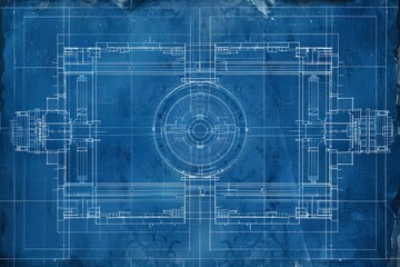 Poster - Detailed blueprint showing a machines components and specifications in clean lines and technical detail, Minimalist blueprint layout emphasizing clean lines and symmetry