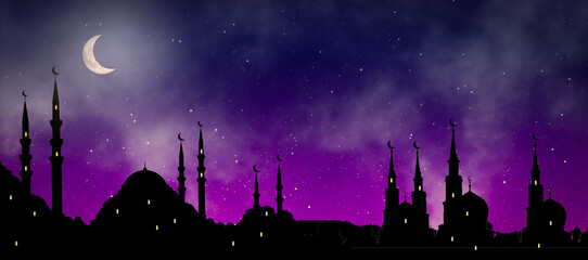 Islamic night with mosque and moon background. Muslim Ramadan and Middle East concept.