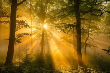 Wall Mural - Golden sunlight filters through trees in misty forest morning, Misty morning in a forest with golden sunlight filtering through the trees