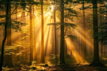 Poster - A misty forest bathed in golden sunlight with numerous trees standing tall, Misty morning in a forest with golden sunlight filtering through the trees