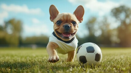 Energetic French Bulldog Puppy Playing Soccer in the Park on a Sunny Day