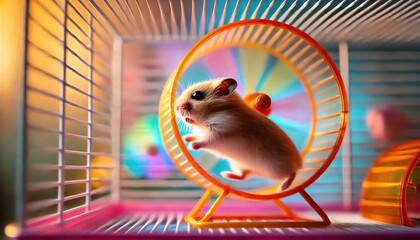 Hamster on an exercise wheel in a colorful cage