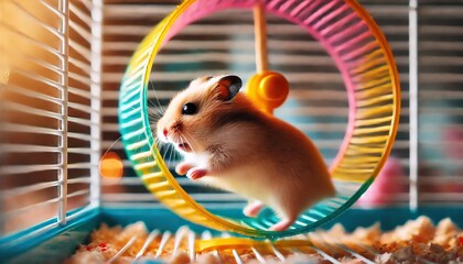 Hamster on an exercise wheel in a colorful cage