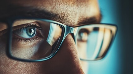 Wall Mural - Close-up of a person's eye wearing glasses, reflecting light from a screen