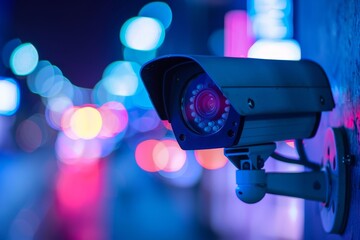 Poster - A detailed view of a security camera mounted on a wall, monitoring the surroundings for signs of unauthorized activity, Monitoring network activity for signs of unauthorized access