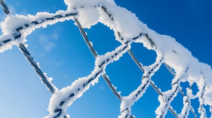 View from below of snow-covered chain link fence set against a clear blue sky