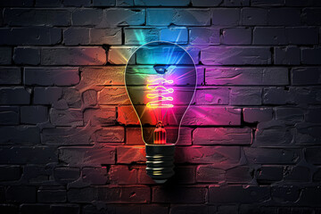 Sticker - A light bulb is lit up against a brick wall. The light bulb is glowing brightly and casting a warm, inviting light. The brick wall provides a stark contrast to the soft glow of the light bulb