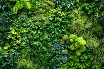 Wall Mural - A wall covered in various shades of green mosses, surrounded by a plethora of trees and plants, Mosses of varying shades of green creating a mosaic-like pattern