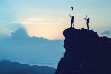 Canvas Print - Couple of individuals standing at the peak of a mountain, Motivating clients with words of encouragement and support