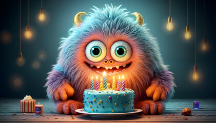 Cute monster celebrating birthday with a cake and candles