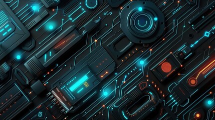 Close-up of intricate circuitry with glowing blue and orange elements on a dark background
