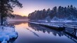 © YanabY - Winter sunrise over a tranquil lake surrounded by snow-covered trees
