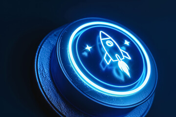 Wall Mural - a blue button with a rocket on it. the rocket is lit up and he is flying