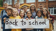 © lempix.photos - Diverse multicultural group of schoolchildren with banner 'back to school' on school background