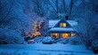 © BYAI - Cozy winter evening at a snow-covered house surrounded by trees and soft light in a tranquil landscape