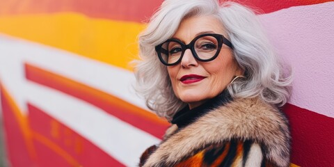 Portrait of an eccentric elderly lady with stylish glasses stading at a colorful wall of art