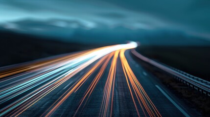 A dazzling long exposure photograph capturing the glowing streaks of light on a highway at night, conveying the beauty of movement and the liveliness of urban transportation.