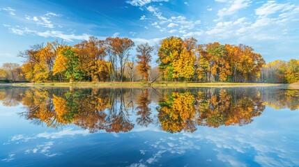 Wall Mural - Autumn trees reflect in calm lake under a clear blue sky in the afternoon