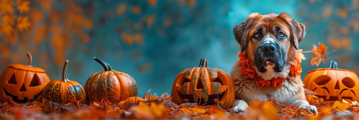 Halloween cute Saint Bernard puppy dog, carved jack-o'-lanterns, pumpkin, banner copy space horizontal