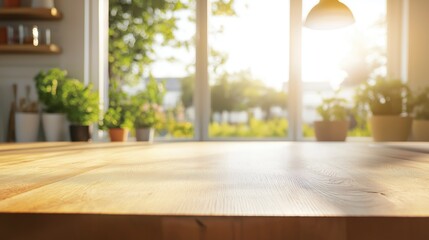 Wall Mural - Table countertop with blurred sunny kitchen background, template for demonstration, product display concept